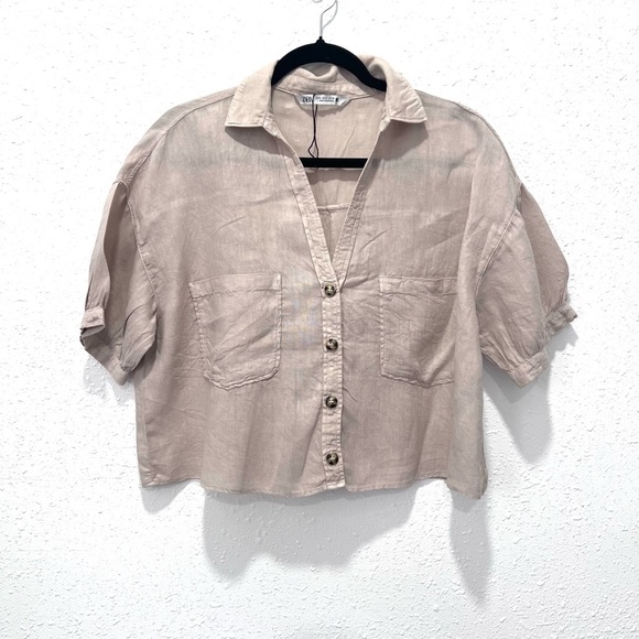 Zara Tan Puff Sleeve Notched Collar Top M - Picture 2 of 8